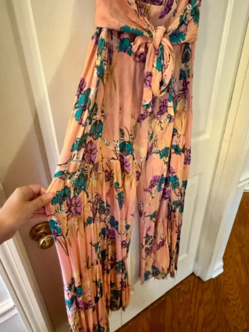 Free People FP Aloha One Boho Chick Floral Print Wide Leg Pants Light Pink Large